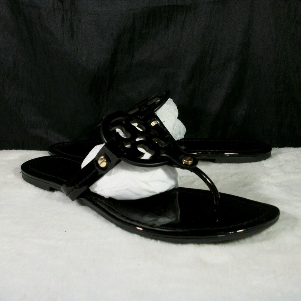 TORY BURCH MILLER BLACK PATENT LEATHER THONG FLIP FLOP SANDALS 8M FREE SHIP